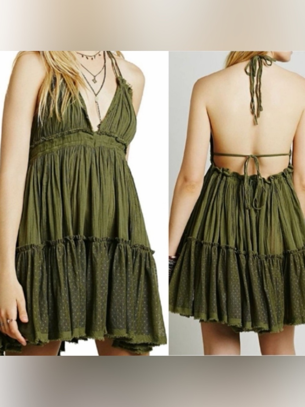 Free People Size Large Olive Green Halter Mini Dress Boho Hippie Cotton V Neck - Picture 1 of 16